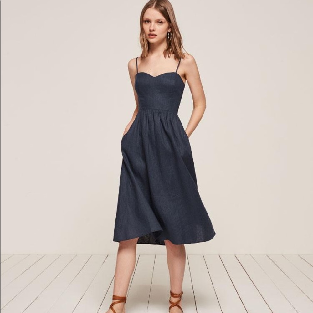 Reformation Olivia Linen Dress Navy 0